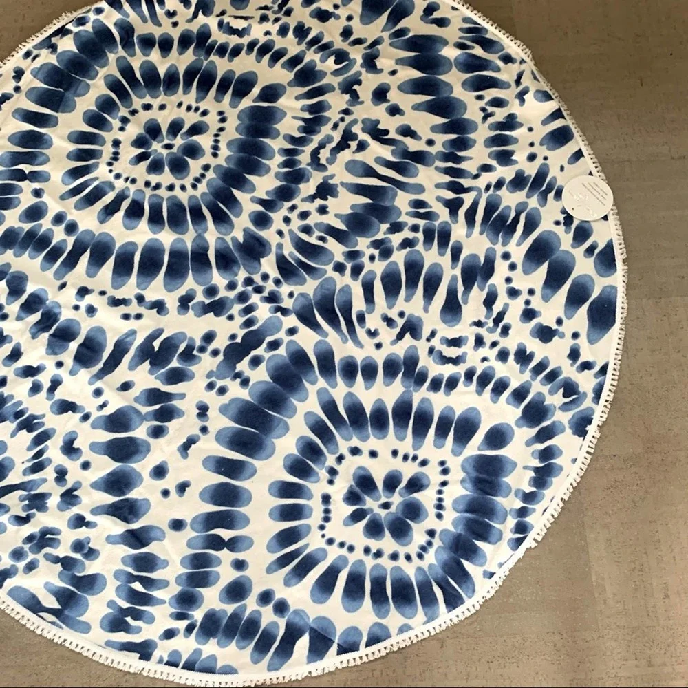 Enchante Round Beach Towel Blue Tie Dye 58” New